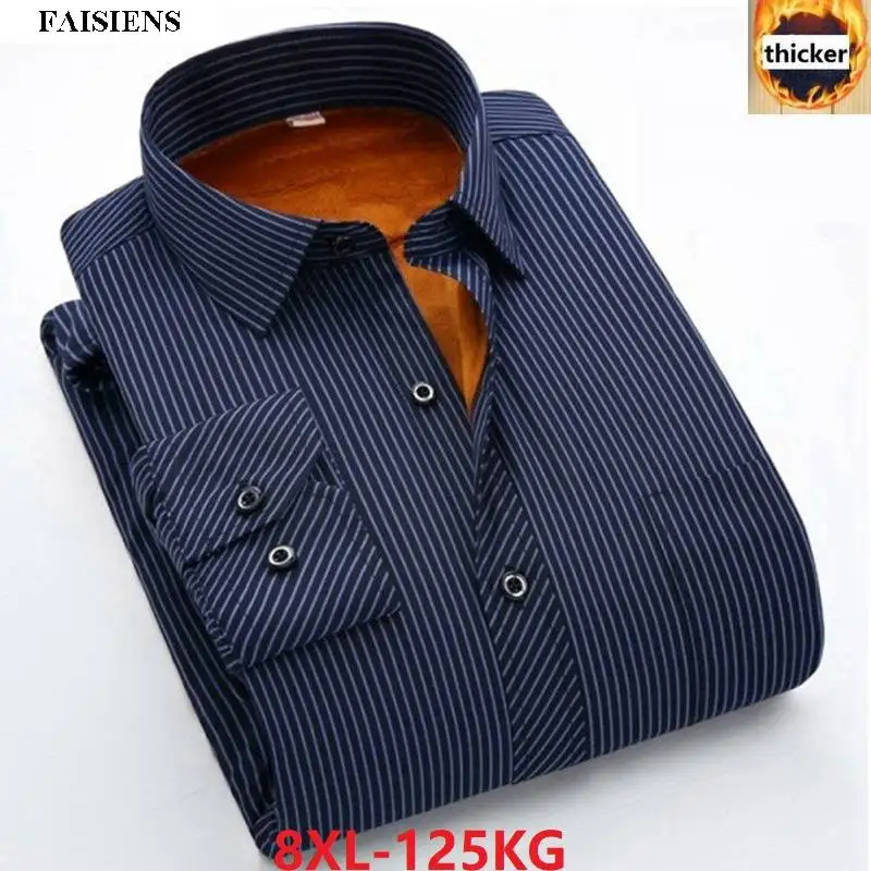 Big Fleece Men Striped Shirt Classic Larger Size 8XL Thick Warm Long