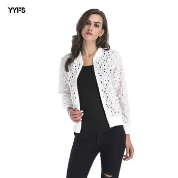 

2018 Spring Lace Hollow Zipper Cardigan Long Sleeve Loose Chiffon Shirts