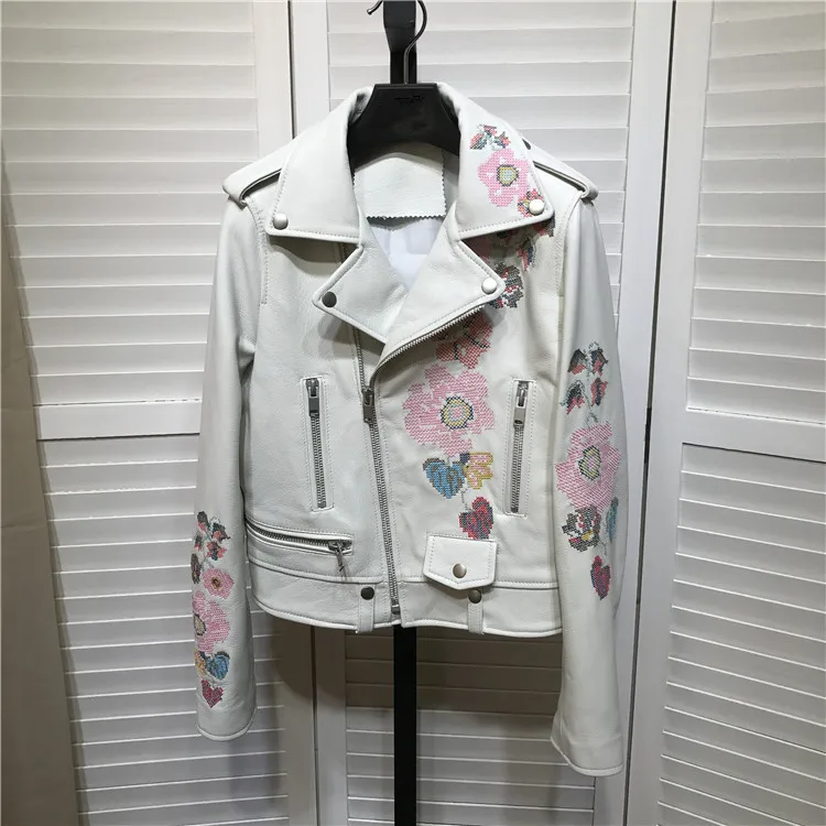 

New arrival women's embroidered Biker jackets 2019 spring real sheepskin short coat high quality white real leather jackets G170