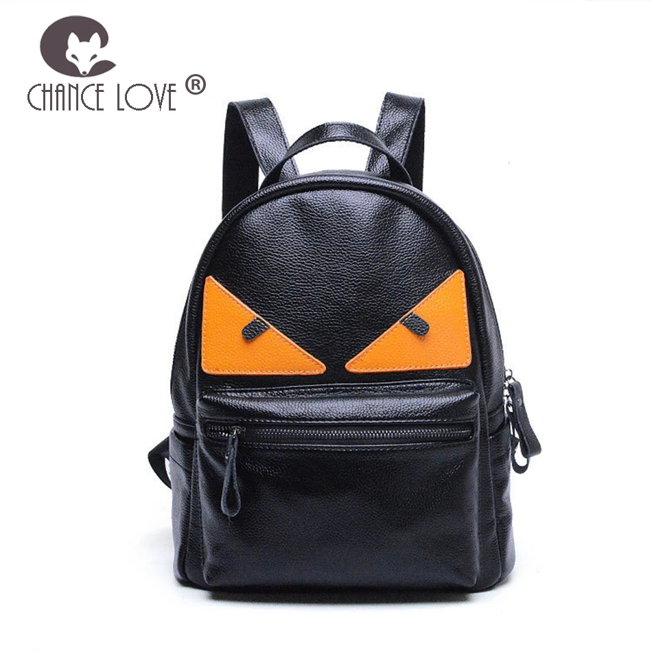 

Chance Love 2018 new Genuine leather backpack female black fashion wild lady embossed cartoon backpack Cat eye side sequins bag
