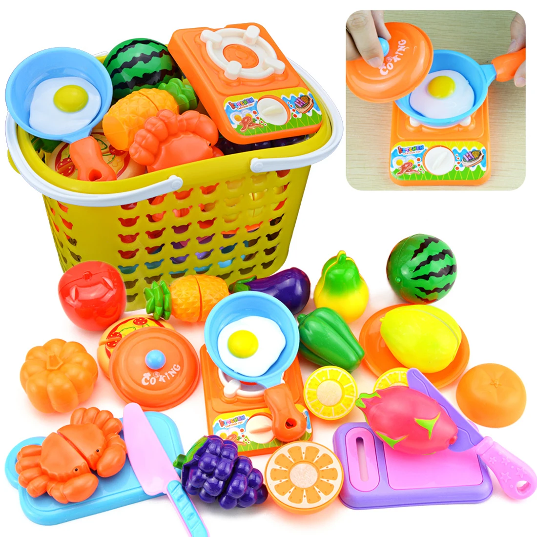 

24pcs Kitchen Role Play Toys Fruit Vegetable Food Cutting Sets Reusable Pretend Kitchen Toys For Kids Gifts With Storage Basket