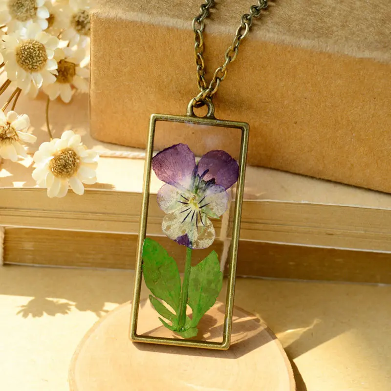 

LUBOV Handmade Dried Flower Necklace Dried Pansy in Resin Stone Rectangle Bronze Frame Pendant Statement Necklace Women Jewelry