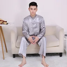 Мужская пижама с вышитым драконом, 2 предмета, рубашка с длинными рукавами и штаны из вискозы, повседневная одежда для сна, китайский пижамный комплект, размер XL XXL NK04