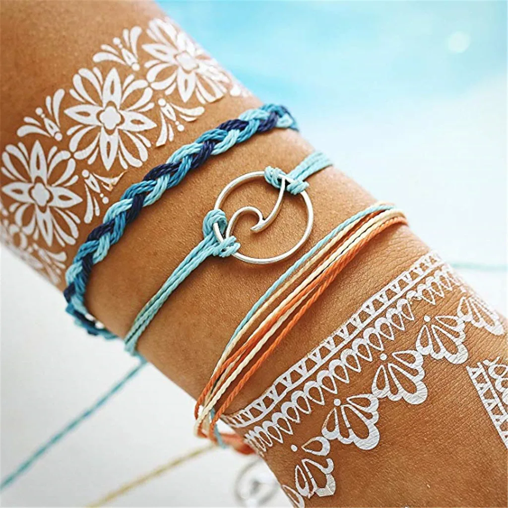

3Pcs/Set Bohemia Women Wave Handmade Woven Wax Rope Bracelet Jewelry