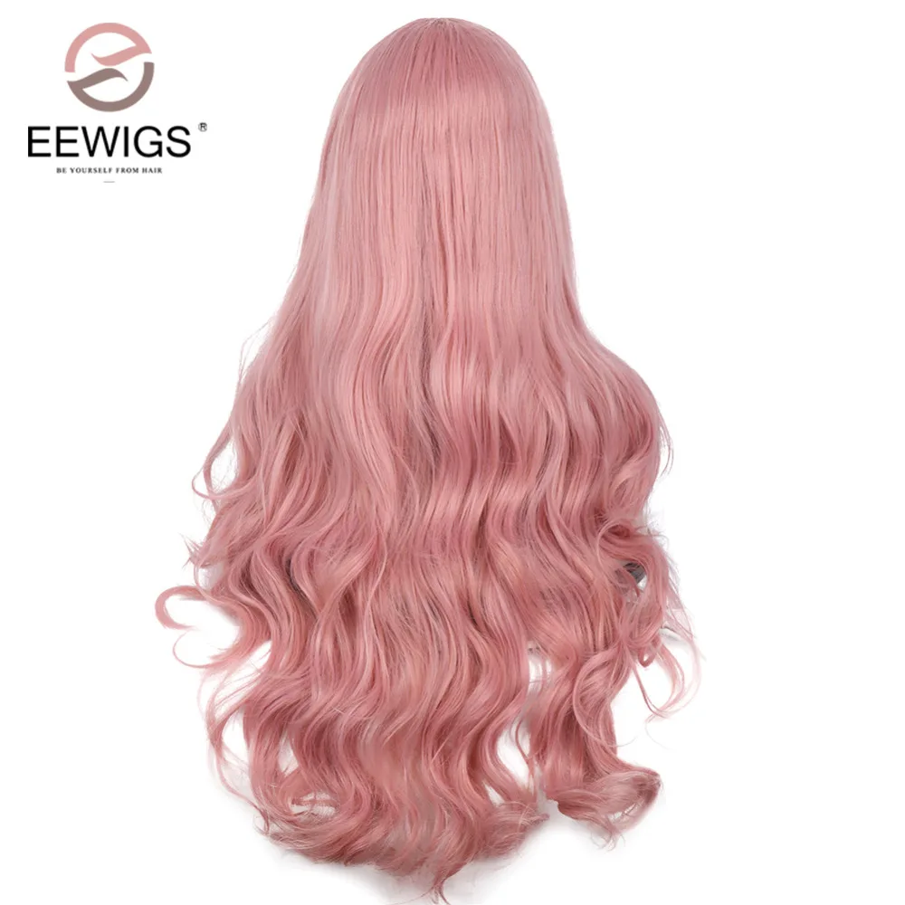 EEWIGS розового цвета парики Волнистые Синтетические волосы на кружеве парик тепла устойчивость к высокой температуре пастельный персиковый Цвет парики для Для женщин