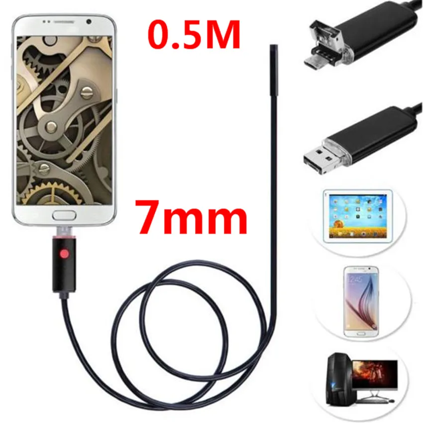 0,5 м/1 м 2 в 1 USB эндоскоп для осмотра 7 мм камера 6 светодиодный HD IP67 Водонепроницаемый для телефона Andorid змеиная камера N1212 - Цвет: 50CM Black