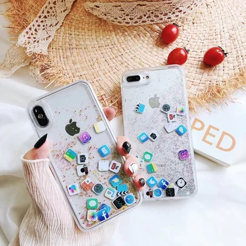 

Mobile Phone App Icon Pattern Cover Case For iphone X 6 6s Plus 7 8 plus Glitter Liquid Quicksand Case