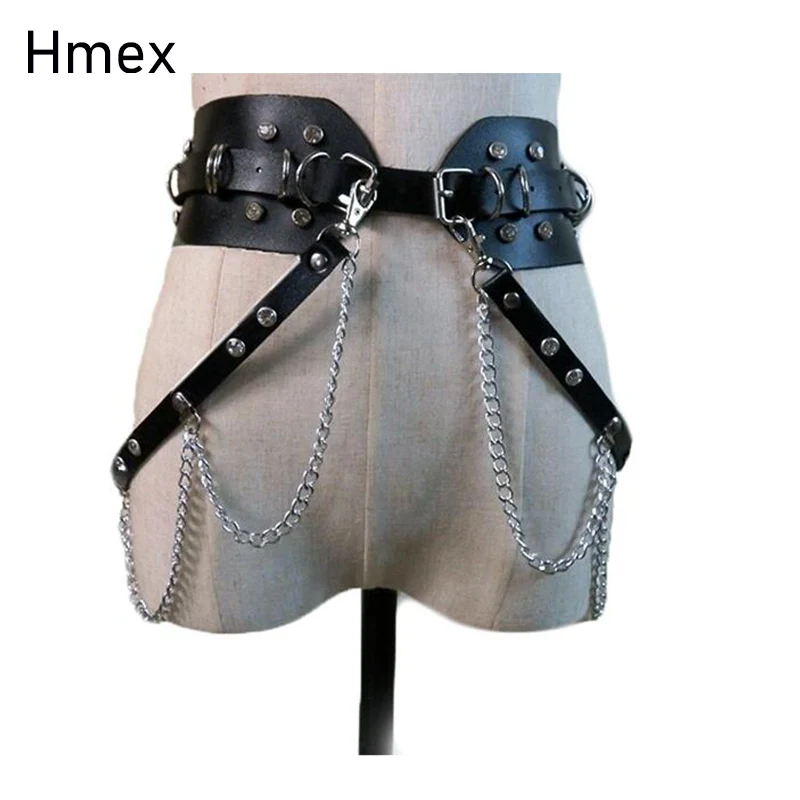 

Gothic Punk Street Strap Leather Harness Belt for Women Harajuku O-Ring Cage Chain belt Rhinestone Waist Belts luxury women belt