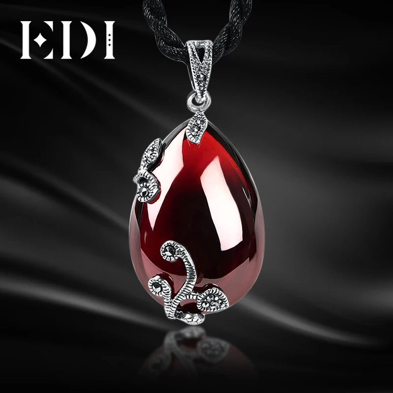 EDI Red Garnet Gemstone 925 Sterling Silver Pendants Necklace For Women Flower Shape Bijoux Fine Jewelry