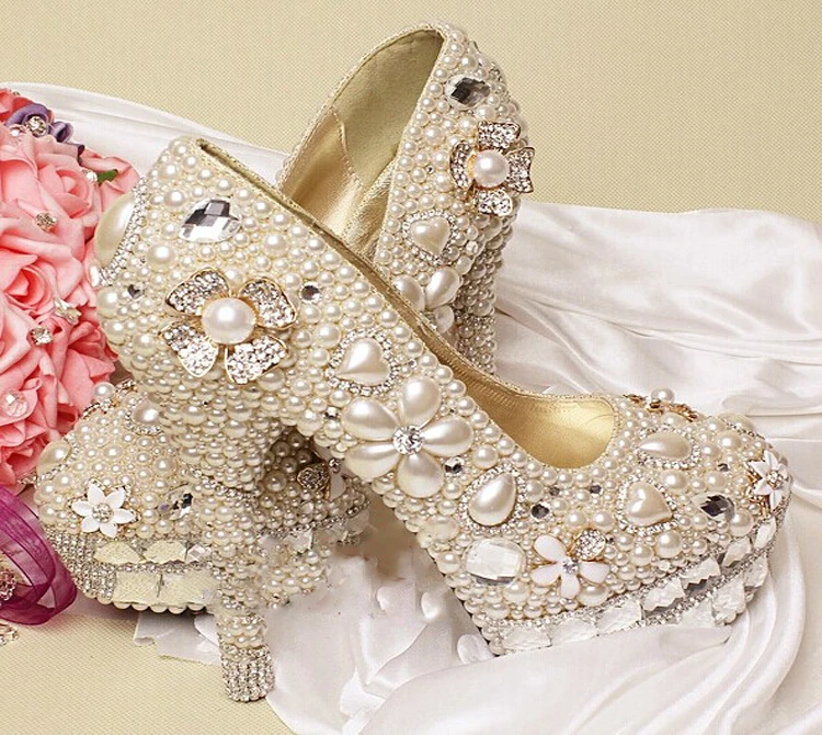 Gorgeous Unique Sparkling Ivory Crystal Flower Wedding Bridal Shoes Handmade Imitation Pearl Party Prom Shoes