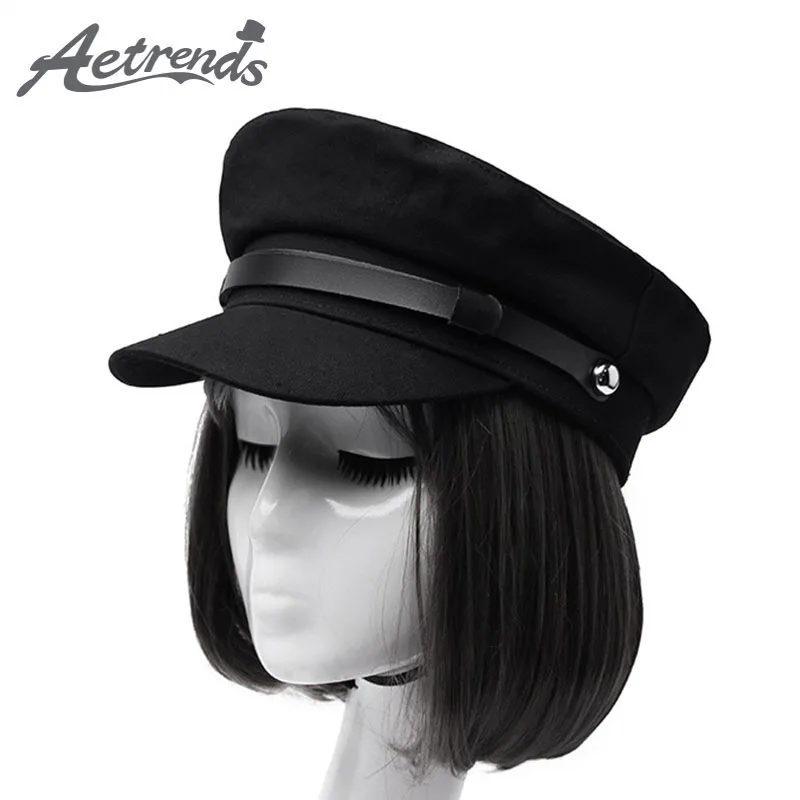

[AETRENDS] Black Military Caps Fashion Hats for Women Flat Hats Army Salior Military Hat Z-6704