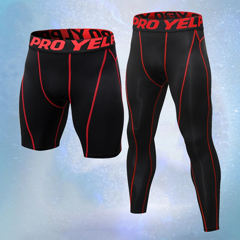 

High Elastic 2pcs Men Running Pants 3/4 Leggings +Copression Shorts For Fitness Quick Dry Men's Sport Tourser Men's Sportswear