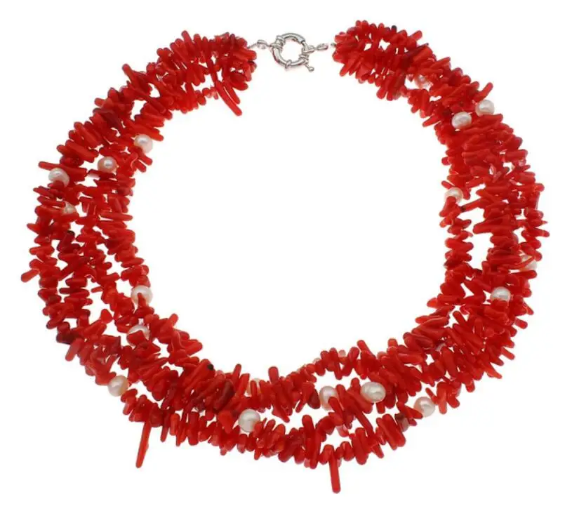 

Twisted Red Coral & Pearl necklace Multi-strand Style - Women's necklace
