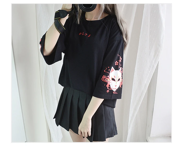 Японский Harajuku футболка для женщин Винтаж Kawaii аниме кошка девушки черные топы Лолита готический животный принт негабаритных милые футболки