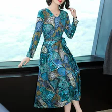 Vestidos florales elegantes Vintage para mujer, vestido de gasa de manga larga Sping 2019, vestido azul con escote en V, cinturón de lazo de otoño
