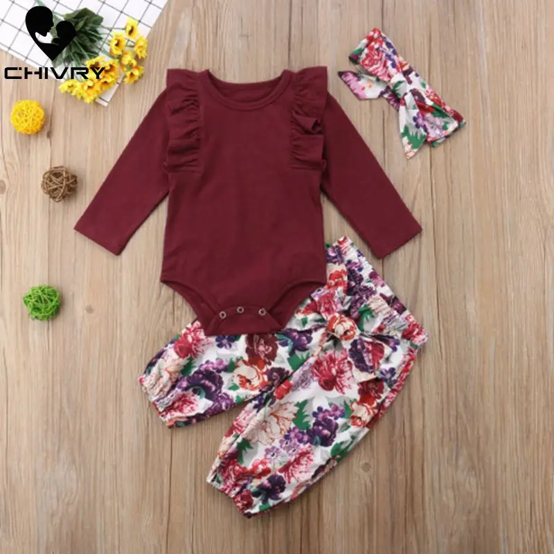 

3Pcs 2019 Newborn Infant Baby Girls Long Sleeve Bodysuit Jumpsuit with Floral Pants Headband Outfits Set Autumn Baby Cloth Sets