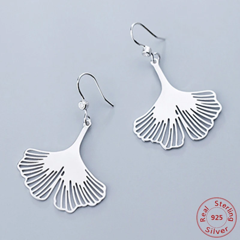 

Real 925 Sterling Silver Hollow Earrings Big Ginkgo Biloba Plant Leaf Hook Drop Statement Earring Women Jewelry ZA Earrings
