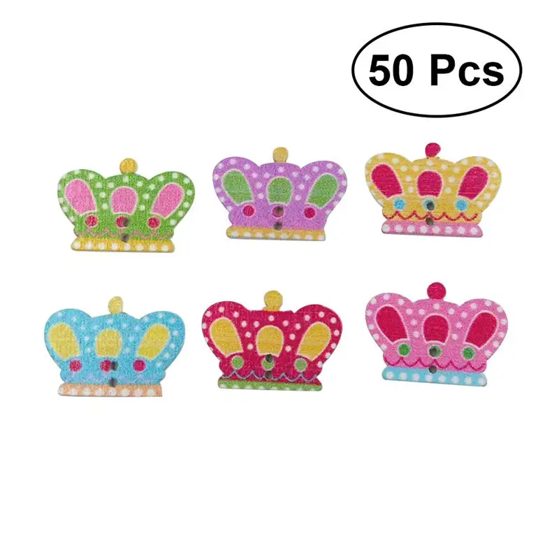 

50pcs Wood Buttons Crown Pattern Printed Colorful Wooden DIY Decorative Environmental Buttons Press Studs Snaps