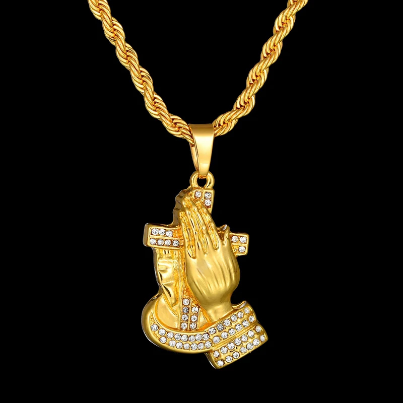 

4mm 24inch Gold Color Hip Hop Crystal Jesus Hands Pendant Necklace Religious Iced Out Rhinestone Cross pendant Necklace