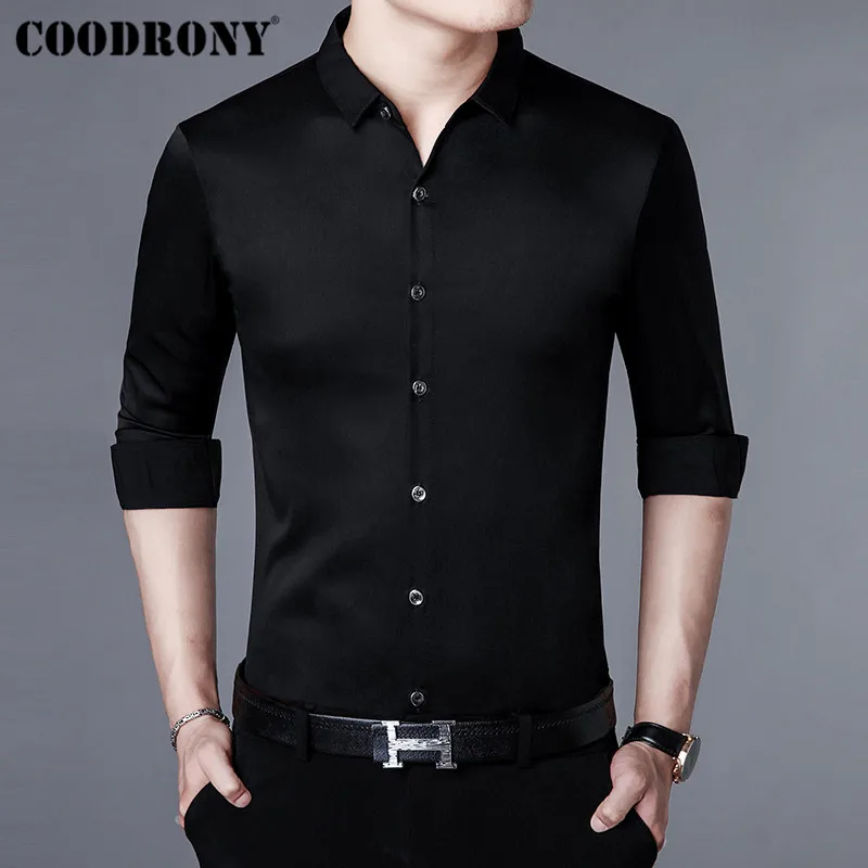 COODRONY, брендовая мужская рубашка, осень, Новое поступление, повседневные рубашки с длинным рукавом, хлопковая рубашка, Мужская Уличная одежда размера плюс, деловая одежда 96009 - Цвет: Черный