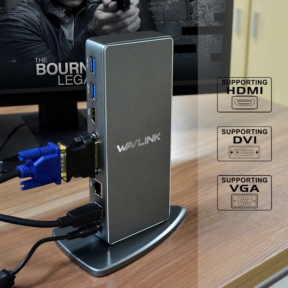 Wavlink Full HD 2048x1152 USB 3,0 tipo-C USB-C estación de acoplamiento Universal + RJ45/DVI/HDMI/VGA/MIC/puerto de Audio de DisplayLink para ordenador portátil - 3