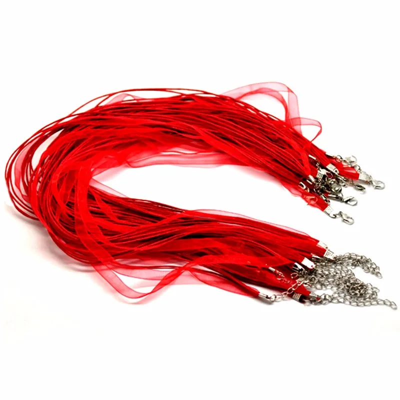 20Pcs Red Organza Ribbon Waxen Cord Lobster Clasps Necklaces Creation