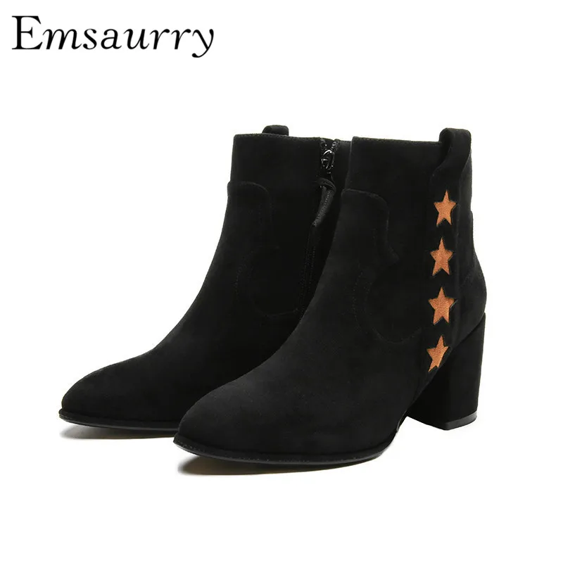 

Chunky Heel Winter Booties Side Zipper Flock High Heels Round Toe Martin Boots Five-pointed Star Ankle Boots Women