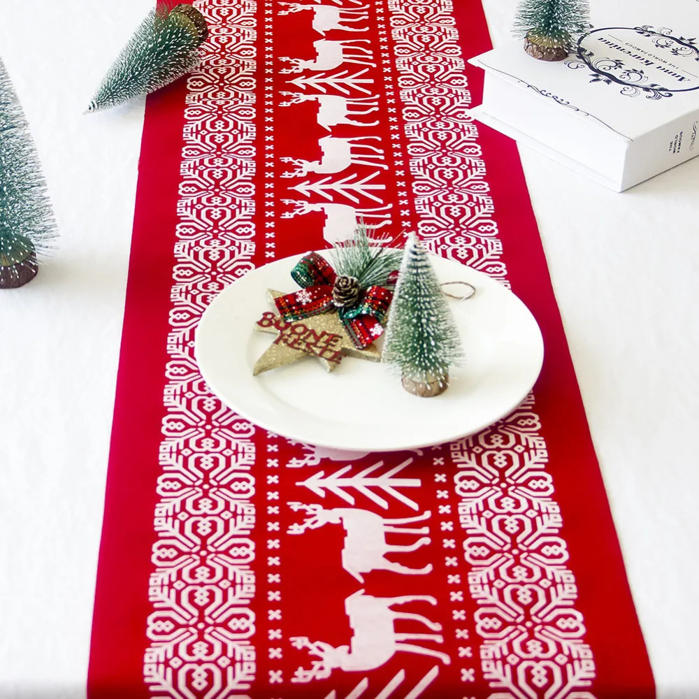  1Pc Christmas Linen Tablecloth Christmas Flag Home Party Decorative Elk Tapestry Red Table Runners 