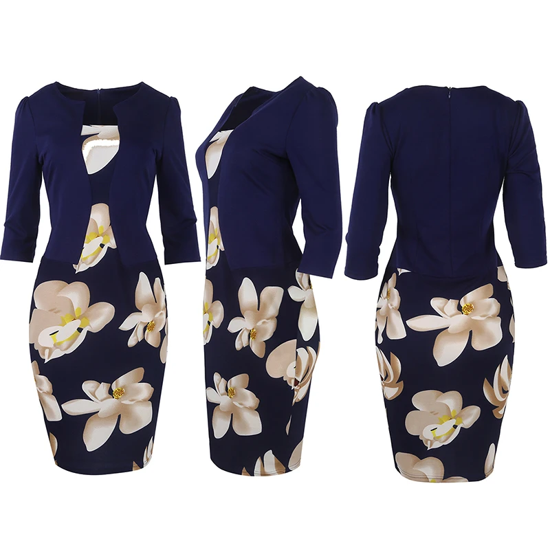 navy Floral Print Elegant Pencil Dress 