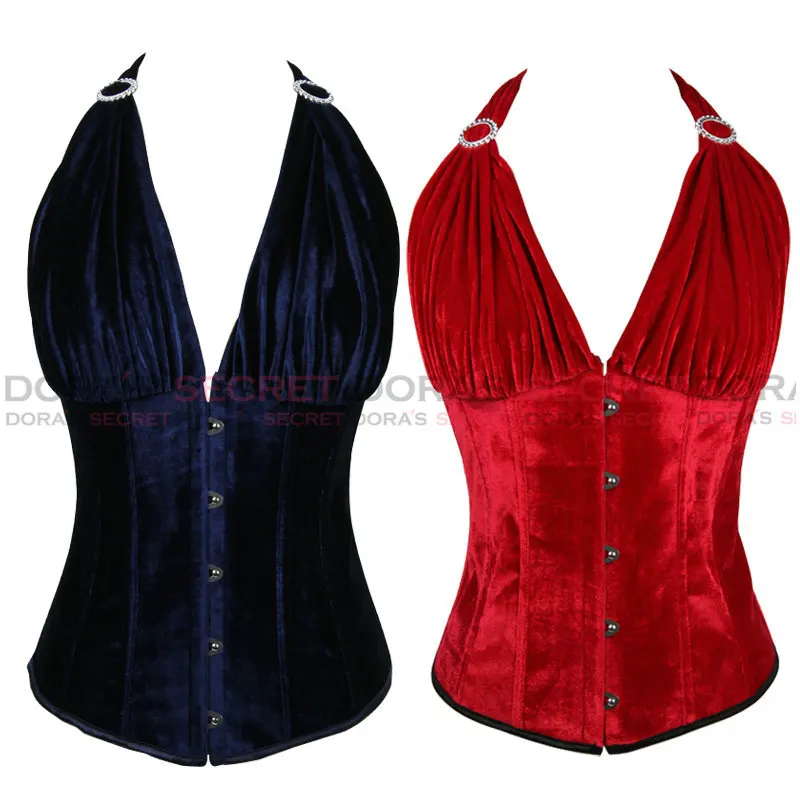 Blue/Red Velvet Corset Halter Bustier Top Chest Binder Hot Shapers Body
