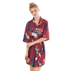 Женская ночная рубашка, короткий халат, пижама из искусственного шелка, роскошное женское Короткое Кимоно с принтом вишни, бандаж с