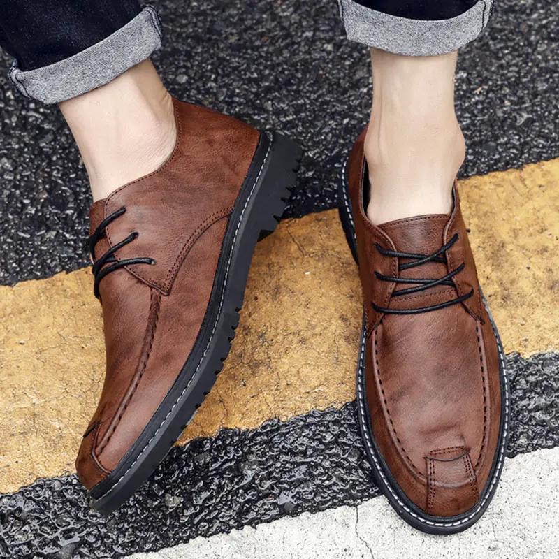 

SUROM Men Leather Casual Shoes New Spring Men Flats Lace Up Male Comfortable Oxfords Genuine Leather Shoes Zapatillas Hombre