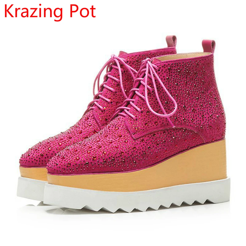 

2018 Superstar Kid Suede Big Size Gladiator Rivets Ankle Boots Platform Casual Lace Up Wedges High Heel Fashion Winter Boots L10