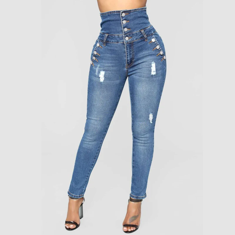 

Women's Blue Jeans New High Waist Four-Breasted Stretch Slim Slimming Jeans Skinny Fashion Sexy Hole Women Jeans Plus Size S-3XL