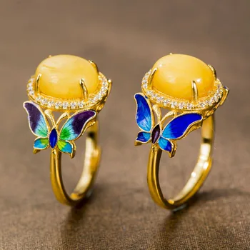 

FREE SHIPPING Luxurious Vintage Cloisonne Silver Ring Vivid Blue Butterfli Beeswax Open Ring Original Gifts