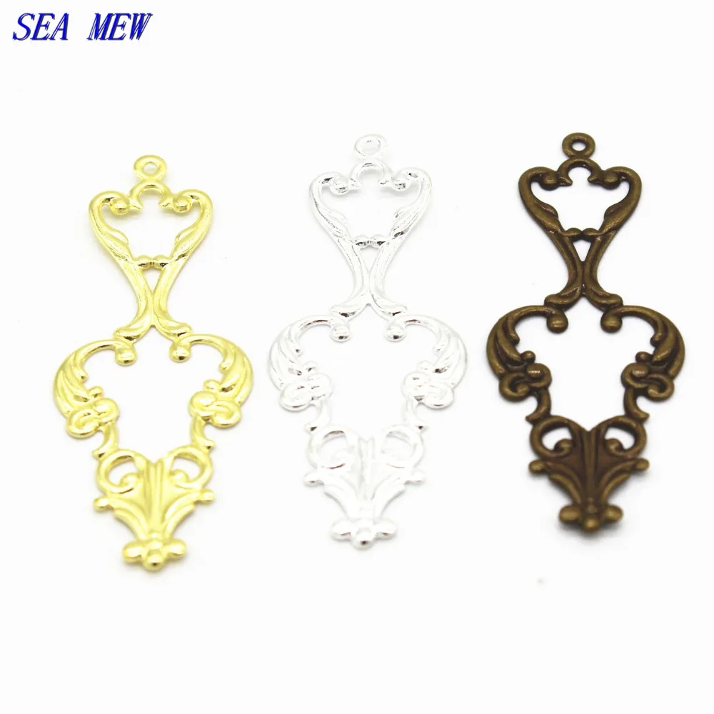 

SEA MEW 17mm*42mm Vintage Copper Filigree Hollow Out Flowers Pendant Silver Antique Bronze Connectors Charm For Jewelry Making