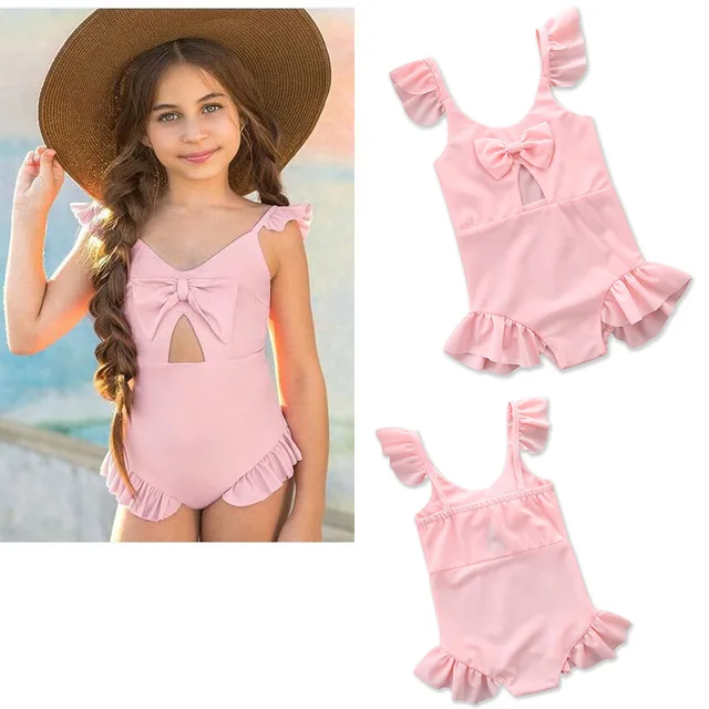 Best Price 2018 European and American Girls Pink Bow Swimsuit Fashion Kid's Beachwear Vacation Clothes Summer Children's Swimwear 18M01