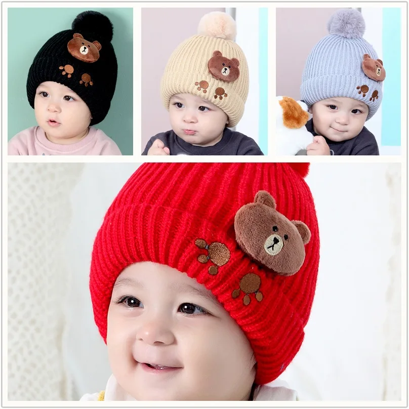 New Style Fashion Knitted Kids Winter Baby Hats Cartoon Bear Thick Warm