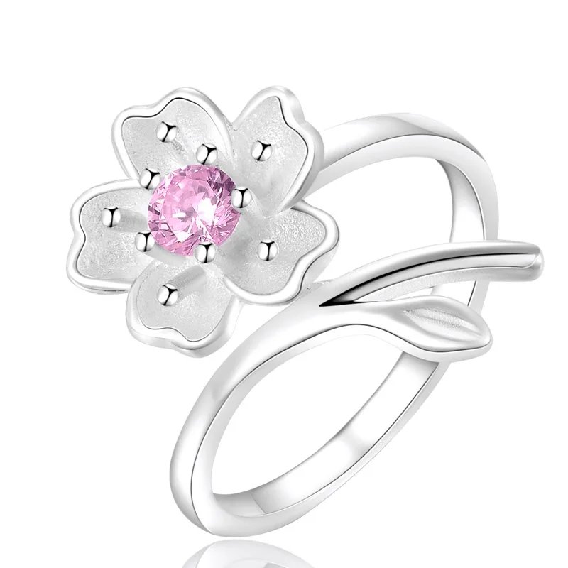 1PC Hot Pink Purple Cherry Blossoms Crystal Flowers Adjustable Rings For Women Girls Finger Decoration Ring Jewelry