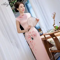 Новая мода розовый длинный Cheongsam современный элегантный тонкий Qi Pao женское китайское традиционное платье Qipao Оригинальное вечернее платье