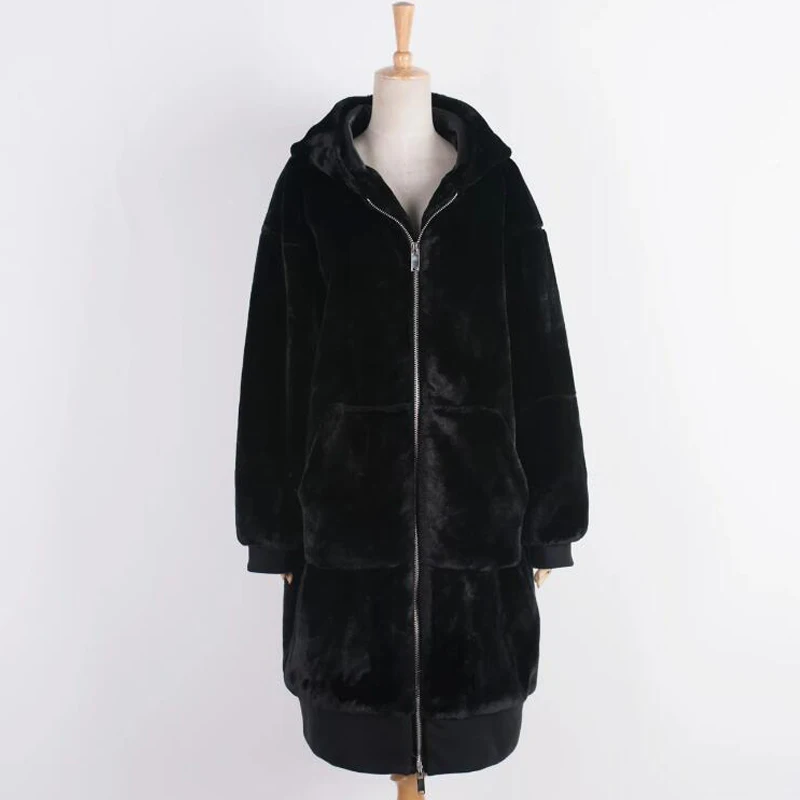 Черное пальто из искусственного меха кролика, плотное теплое зимнее пальто с длинным рукавом из норки, женское длинное пальто с капюшоном, повседневная верхняя одежда, уличная одежда - Цвет: Черный
