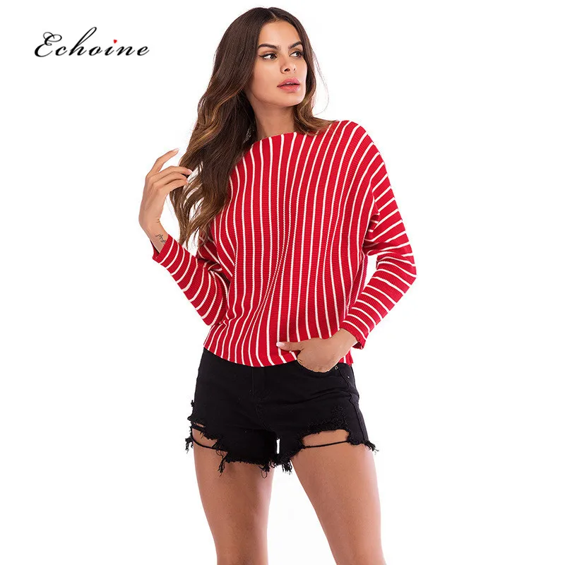 

Echoine Women Casual Minimalist Knit Pullovers Sweater Vertical Stripe Slash Collar Autumn Campus Tops Long Sleeve Street Jumper
