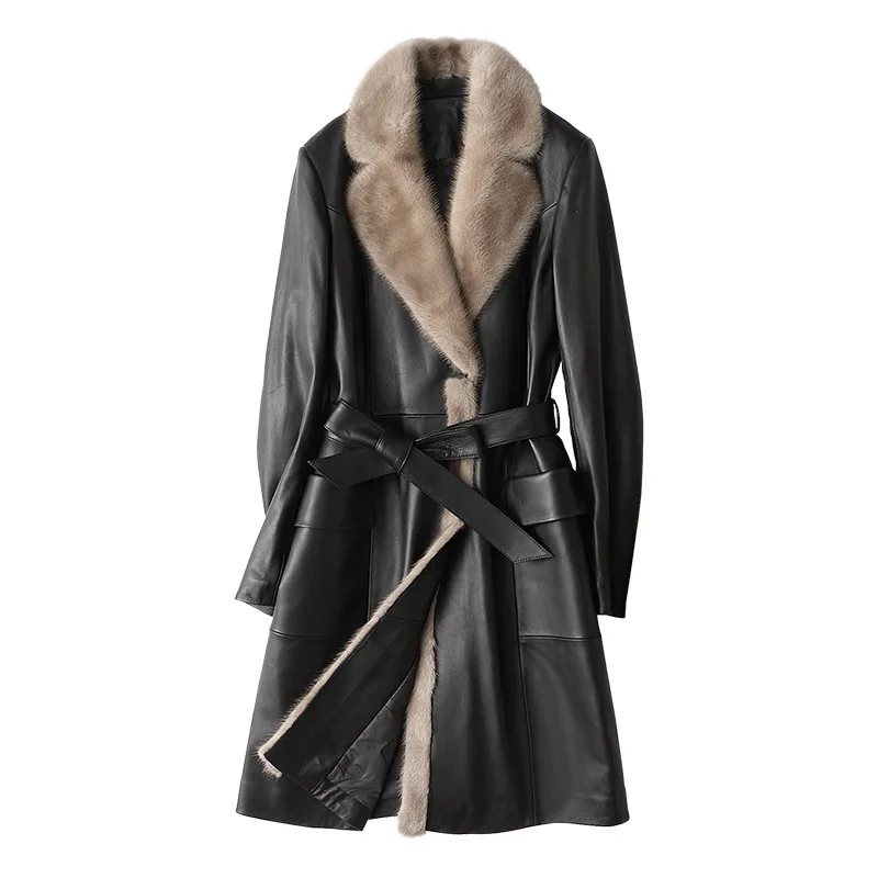 Haining sheep skin down garment, female long style, self-cultivation genuine leather coat, mink fur collar fur coat.