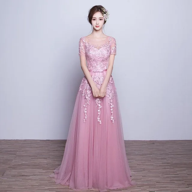 Красивое платье с длинными аппликациями, милое серое кружевное платье с вышивкой для матери невесты, платье с коротким рукавом, платье для выпускного вечера, платье для мамы - Цвет: Pink