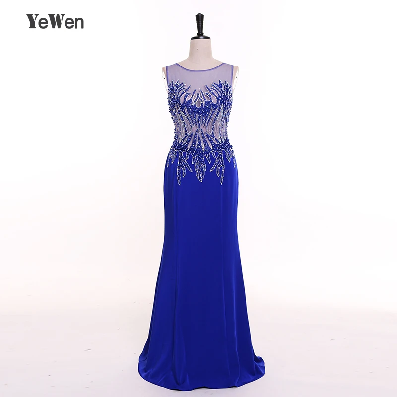 Royal Blue Elegant Scalloped Mermaid Long Evening Dresses 2018 Satin With Pearls Beading Party