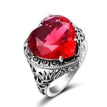 Модные женские вечерние коктейльные кольца винтажные полые стерлингового серебра 925 искусственный рубин сердце камень CZ Леди любовь свадебное кольцо кольца