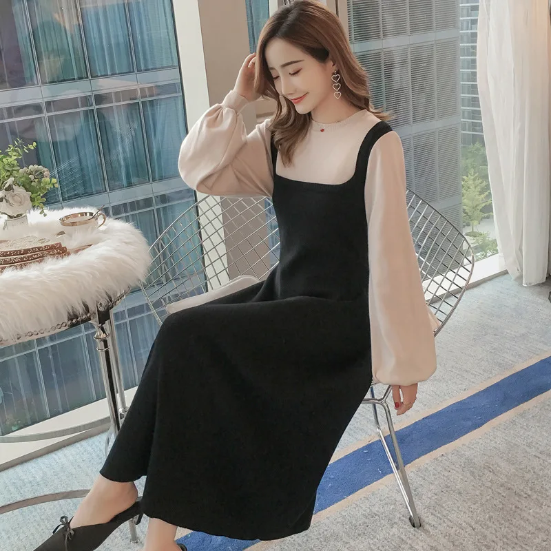 

Maternity Wear Autumn And Winter New Korean Version Of The Contrast Color Fake Two-piece Knit Large Size Dress