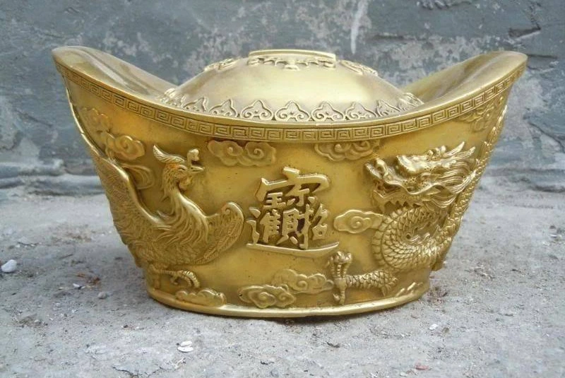 

China brass carved finely dragon phoenix storage Yuanbao sculpture statue