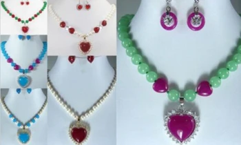 

$wholesale_jewelry_wig$ 6 color choice-white pearl &green/blue/red jade heart pendant necklace earrings set