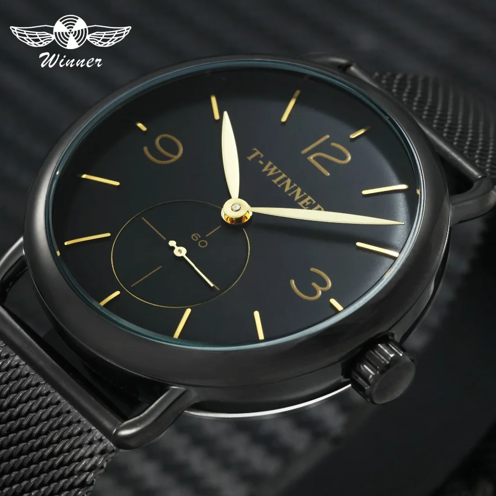 

WINNER Fashion Cool Black Mechanical Watch Men Ultra Thin Steel Arabic Number Sub-dial Hand-wind Wristwatch Top Brand Luxury